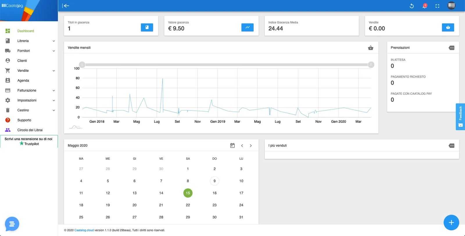 The bookshop dashboard: stock, sales trend and calendar on one screen.
